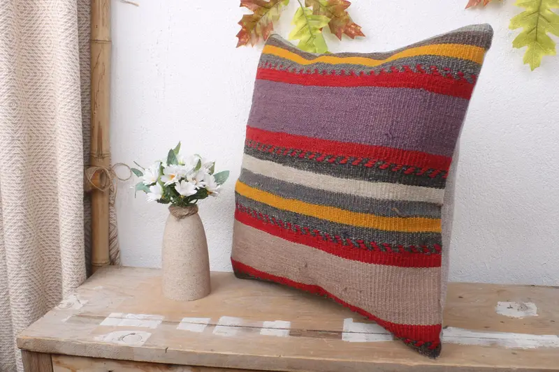 Cushion Cover, Chair Pillow Case, Vintage Kilim Pillow, Ethnical Kilim Rug Pillow, 16x16 Purple Cushion Case, Vintage Kilim Throw Pillow - 4