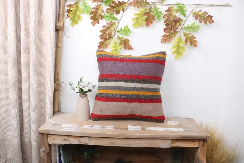 Cushion Cover, Chair Pillow Case, Vintage Kilim Pillow, Ethnical Kilim Rug Pillow, 16x16 Purple Cushion Case, Vintage Kilim Throw Pillow - 1