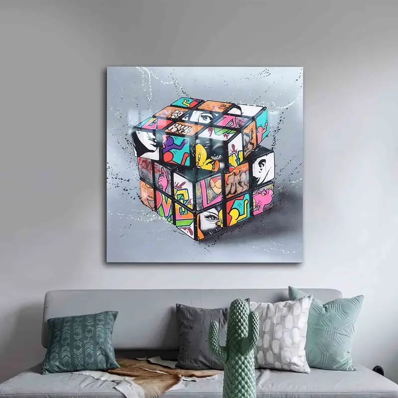 Oyun Odası için Modern Graffiti Rubik Küp Baskılı Cam