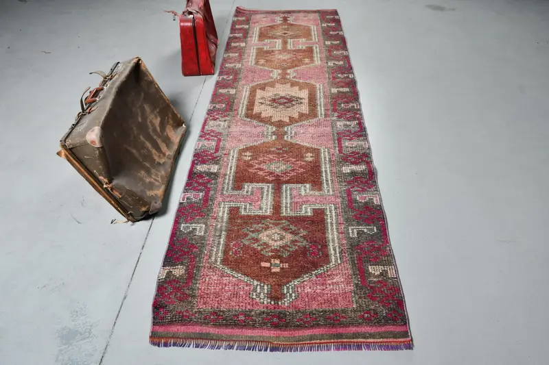 Vintage 3.1x10.7 ft Runner Halı, Türk Halısı, Herki Kırmızı İkat Halı - 1