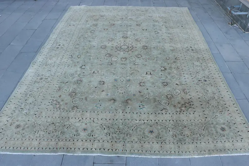 Elegant Beige & Brown Rug, 9.3x12.4 ft Floral & Geometric