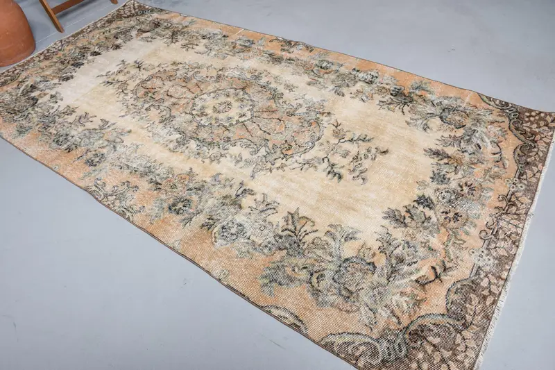 Türk 4.8x9.6 ft Halı, Büyük Vintage Halı, Kahverengi Gri Puantiyeli Yün Halı - 1