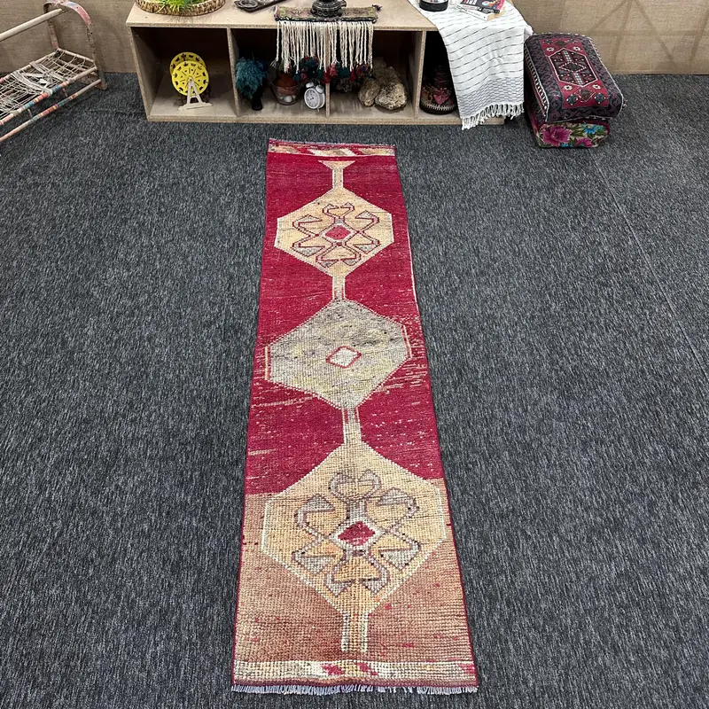 2.2x8.8 ft Vintage Runner Rug, Turkish Red Ombré Rug - 1