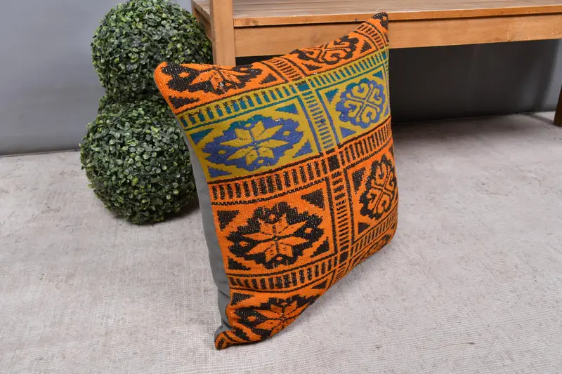 Kilim Pillow, Art Deco Pillow Sham, Vintage Kilim Pillow, 20x20 Blue Cushion Case, Cushion, Farmhouse Cushion Case, Interior Designer Pillow - 7