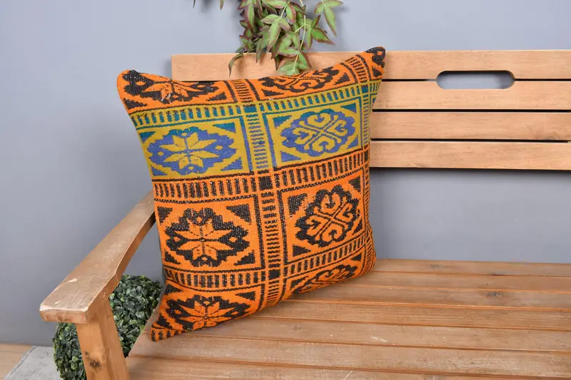 Kilim Pillow, Art Deco Pillow Sham, Vintage Kilim Pillow, 20x20 Blue Cushion Case, Cushion, Farmhouse Cushion Case, Interior Designer Pillow - 1