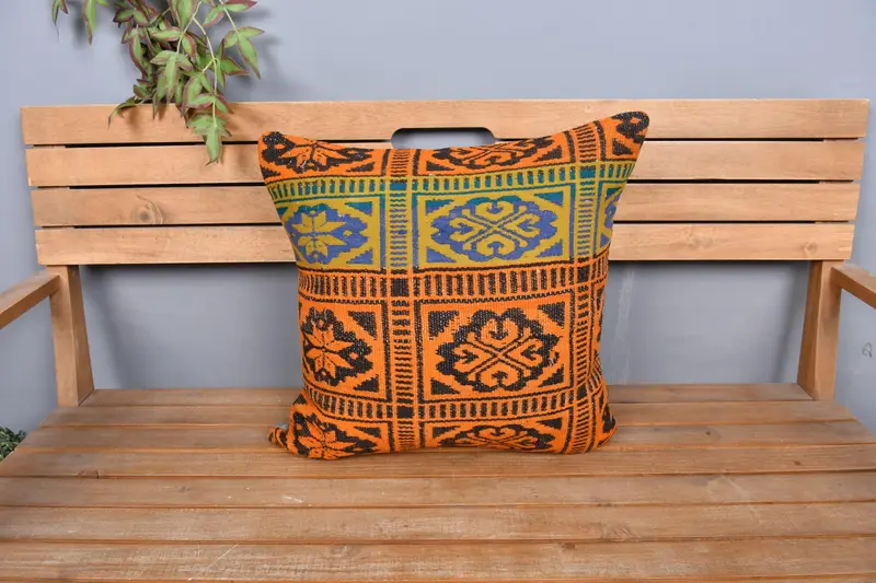 Kilim Pillow, Art Deco Pillow Sham, Vintage Kilim Pillow, 20x20 Blue Cushion Case, Cushion, Farmhouse Cushion Case, Interior Designer Pillow - 6