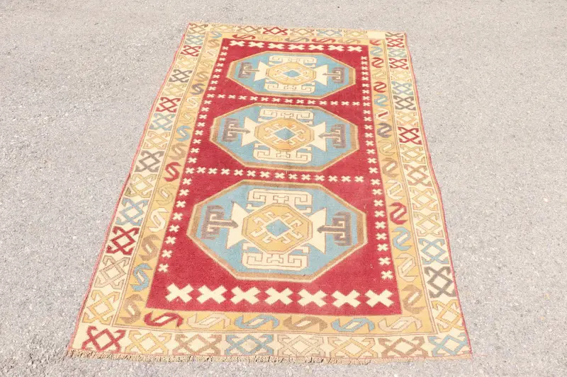 Türkischer Vintage Teppich, Akzent 4x6 ft (121x182 cm) Teppich, rot gestreifter Wollteppich - 1