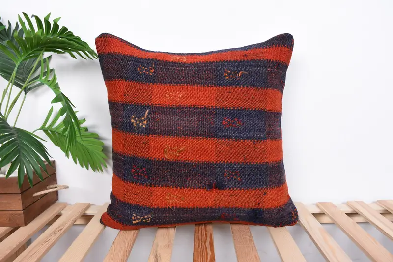 Throw Kilim Pillow, Pillow Sham, Boho Chic Pillow Sham, Ethnical Kilim Rug Pillow, Vintage Kilim Pillow, 20x20 Orange Pillow Cover - 1