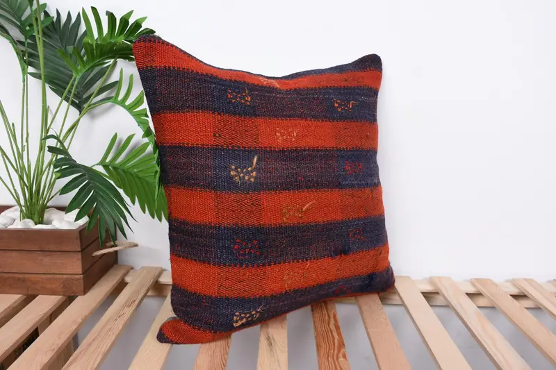 Throw Kilim Pillow, Pillow Sham, Boho Chic Pillow Sham, Ethnical Kilim Rug Pillow, Vintage Kilim Pillow, 20x20 Orange Pillow Cover - 4