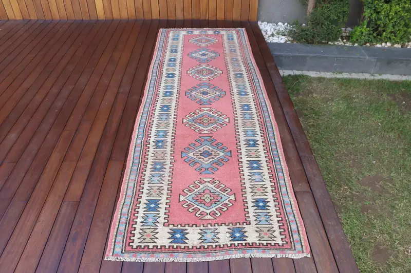 Vintage 3x9 ft Halı, Oushak Türk Halısı, Kırmızı Soyut Halı Yün - 1