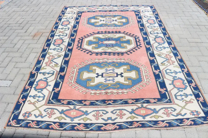 Türk 5.8x8.3 ft Halı, Büyük Vintage Halı, Mavi Çiçekli Yün Halı - 1