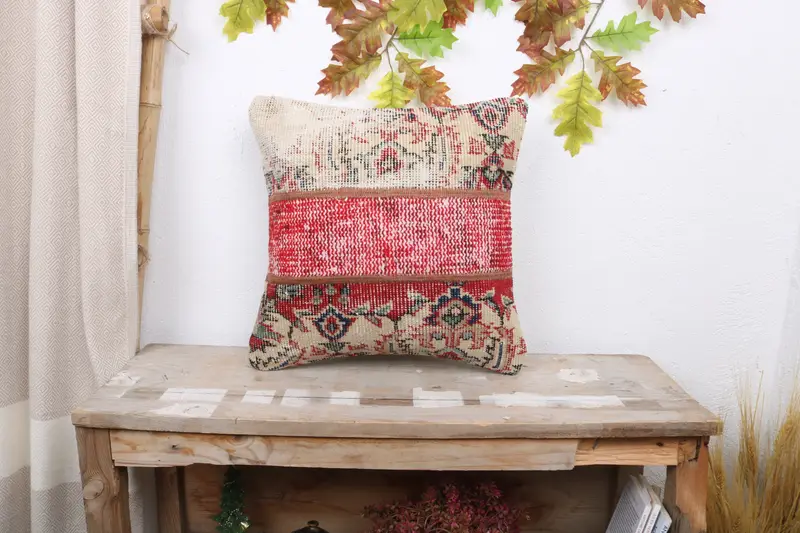 Cushion, Gift Pillow, Handmade Throw Cushion Cover, 16x16 Red Cushion Case, Boho Pillow Sham Cover, Vintage Kilim Throw Pillow - 1