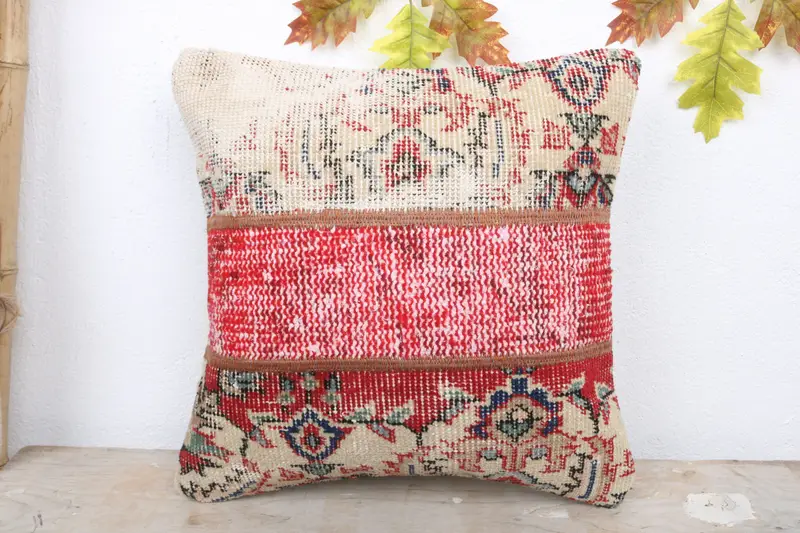 Cushion, Gift Pillow, Handmade Throw Cushion Cover, 16x16 Red Cushion Case, Boho Pillow Sham Cover, Vintage Kilim Throw Pillow - 2