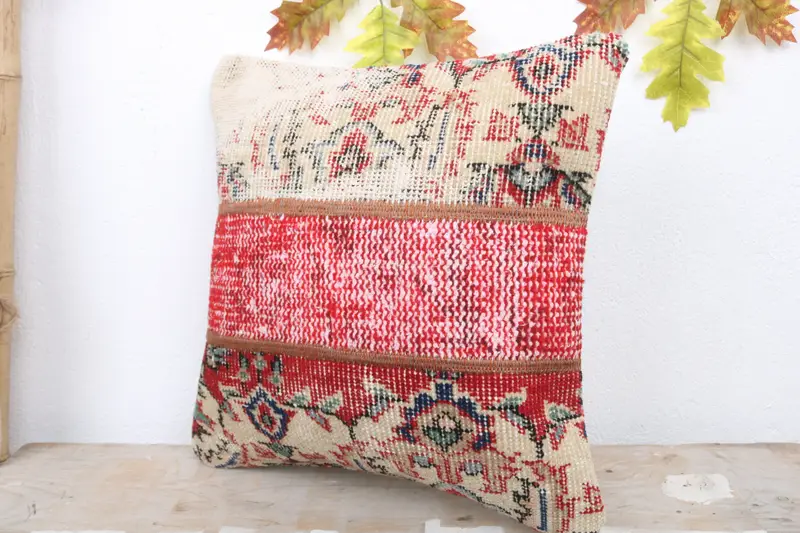Cushion, Gift Pillow, Handmade Throw Cushion Cover, 16x16 Red Cushion Case, Boho Pillow Sham Cover, Vintage Kilim Throw Pillow - 4