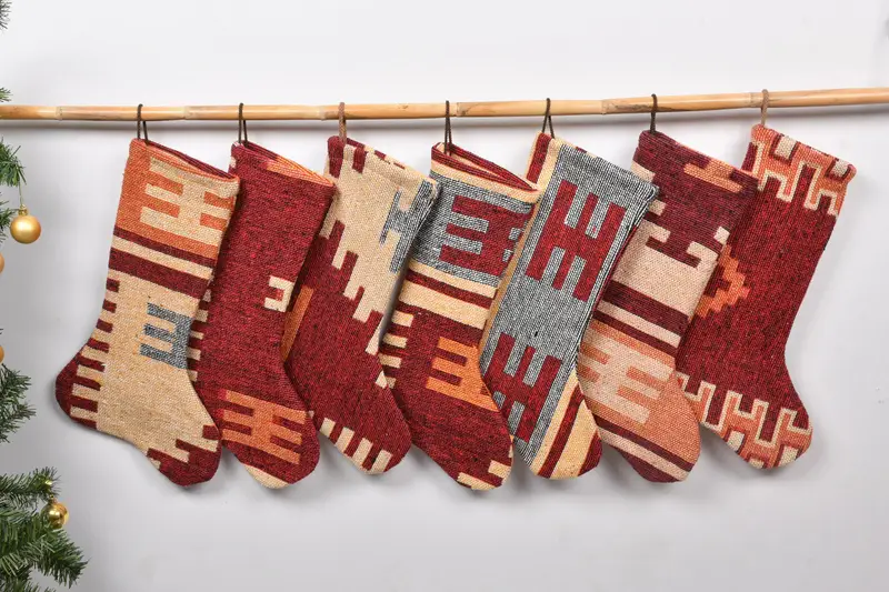 Patrón de adornos navideños, calcetín navideño Kilim de 7 pulgadas