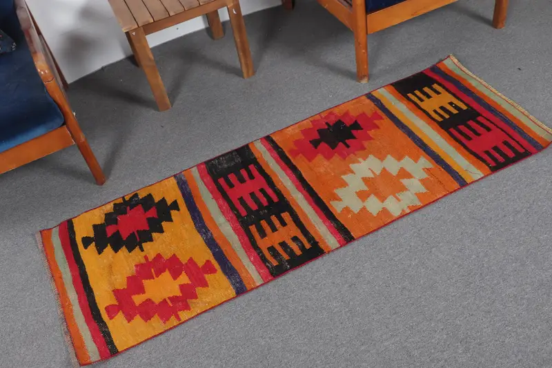 Yellow Patchwork Rug, 1,9x5,3 ft with Pink Accents