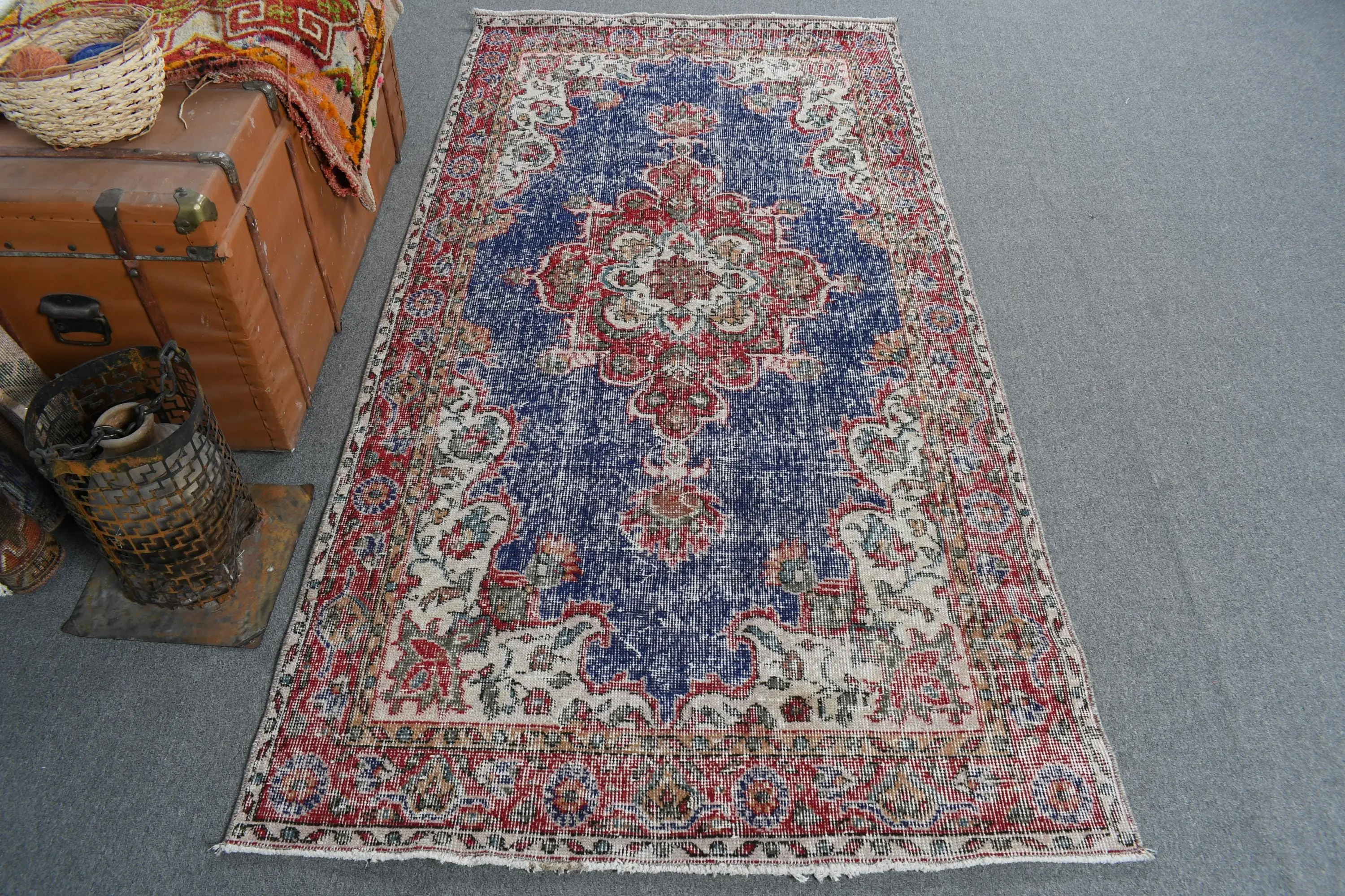 Vintage Turkish Area Rug 3.7x7.2 ft, Blue Moroccan Rug Wool - 1