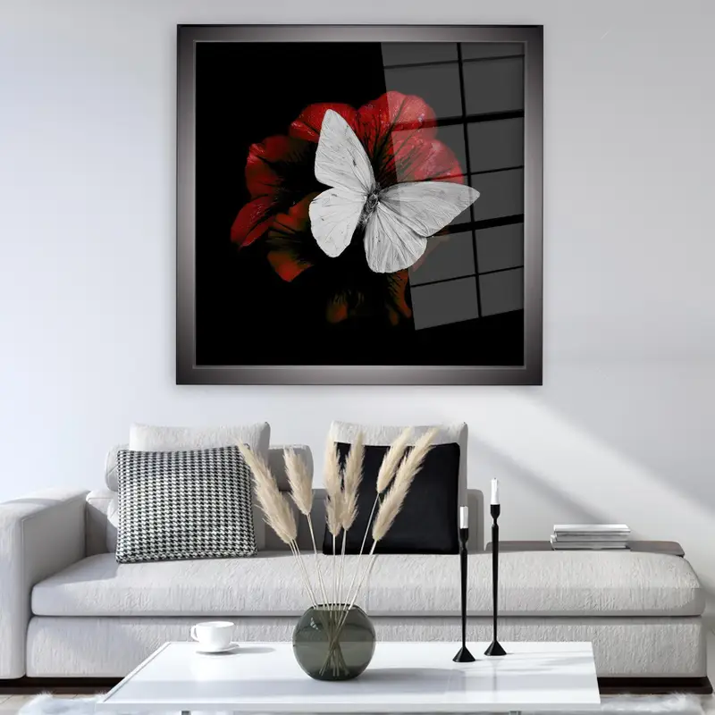 Modern Luxury Printed Glass: White Butterfly, Red Flower, Black
