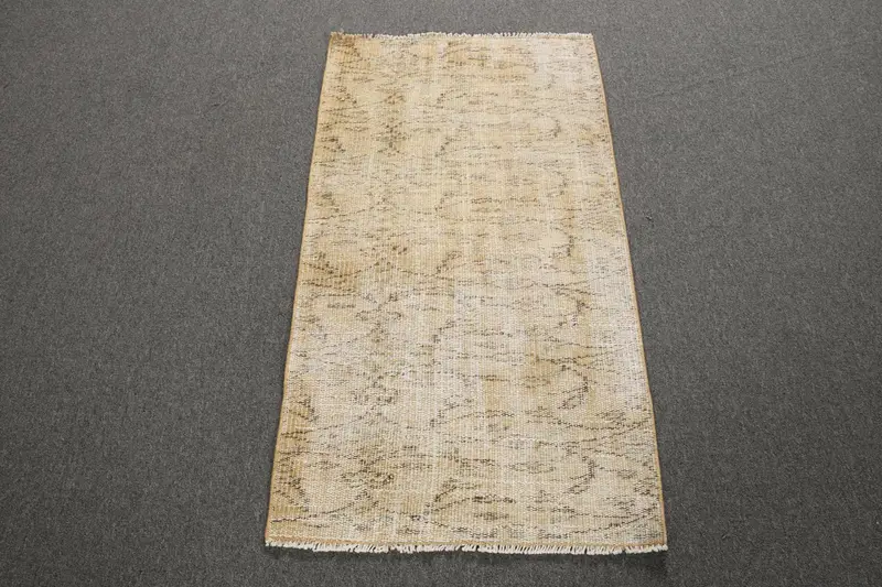 Vintage Turkish Rug 2x3.5 ft (60x108 cm), Oushak Beige Brown Bordered Rug - 1