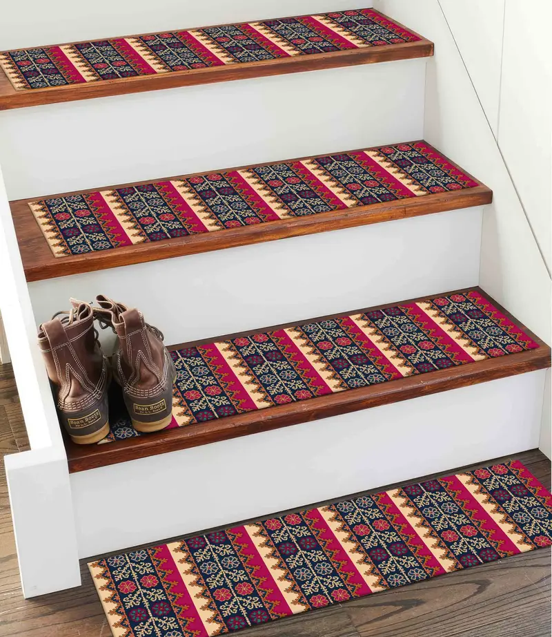 Alfombra estampada con estampado étnico azul marino para escaleras