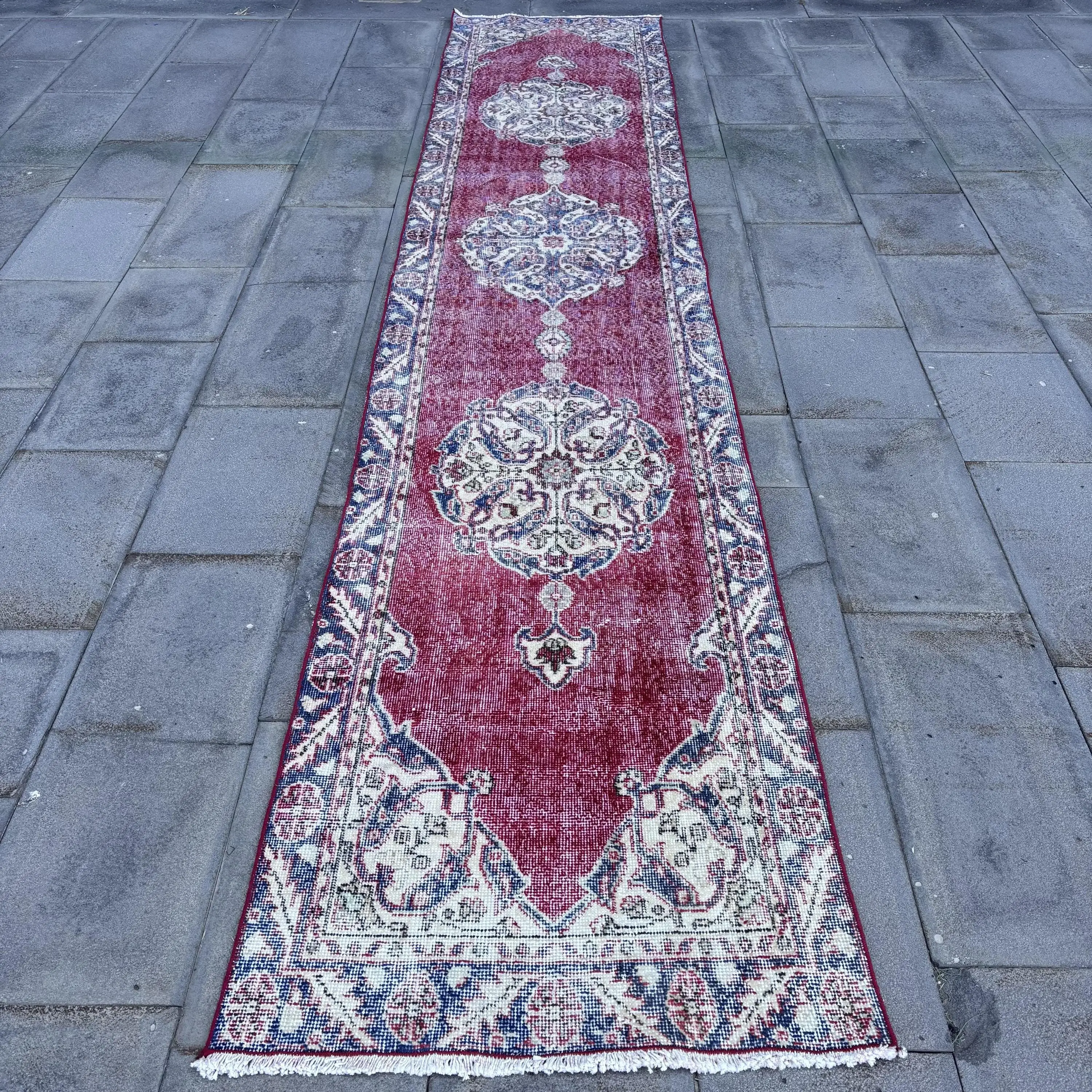 2,6x12,3 ft Teppich, türkischer Läuferteppich, roter Patchworkteppich - 1