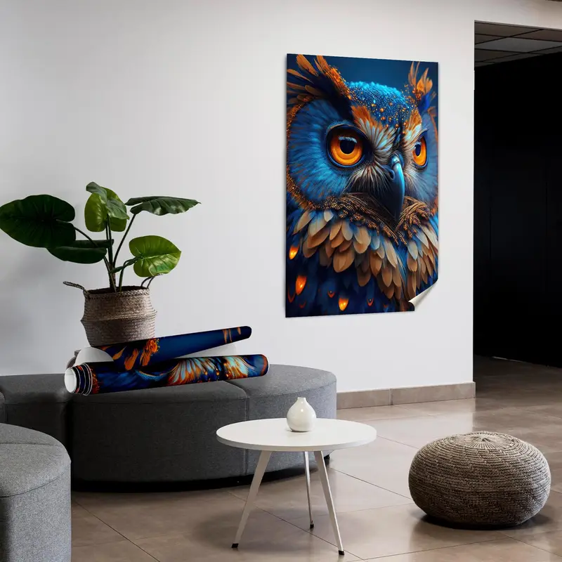 Modern Mavi Baykuş Sevgiliye Hediye Baskılı Kanvas Tablo - Trendy Duvar Sanatı