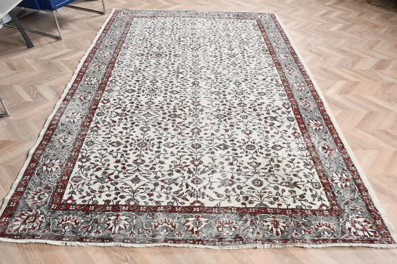 Türk Oushak Halısı 5.9x9 ft (181x274 cm), Gri Çizgili Vintage Halı - 1