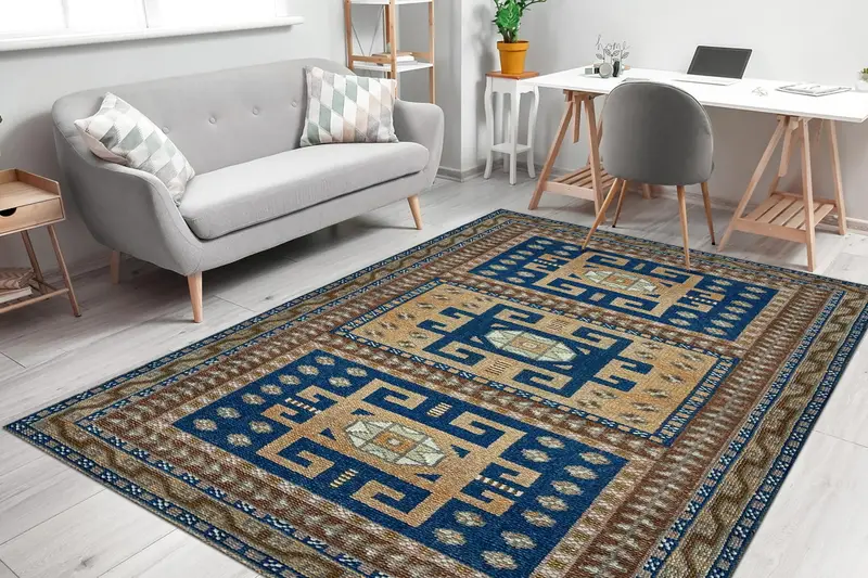 Eleganter bedruckter Teppich: Geometrisches Vintage-Muster in Blau und Braun