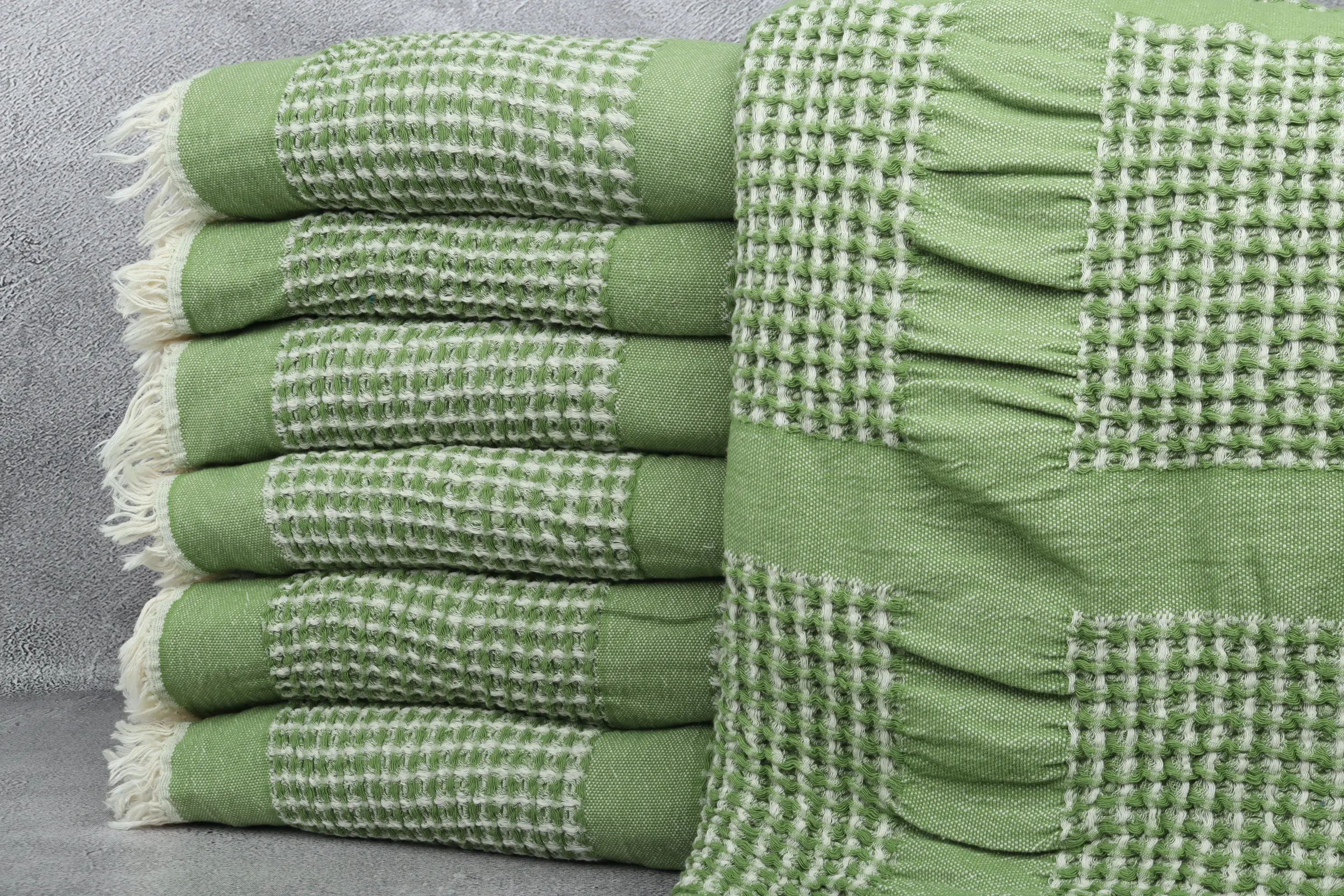 79x83 Inches Khaki Green Waffle Throw, Organic Cotton, Plaid Pattern, Bed Size Toddler - 1