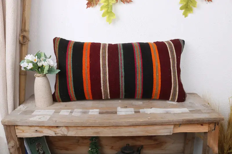 Boho Pillow Sham Cover, Throw Kilim Pillow, Cotton Pillow Sham, Cushion Case, Vintage Kilim Throw Pillow, 12x24 Brown Pillow - 1