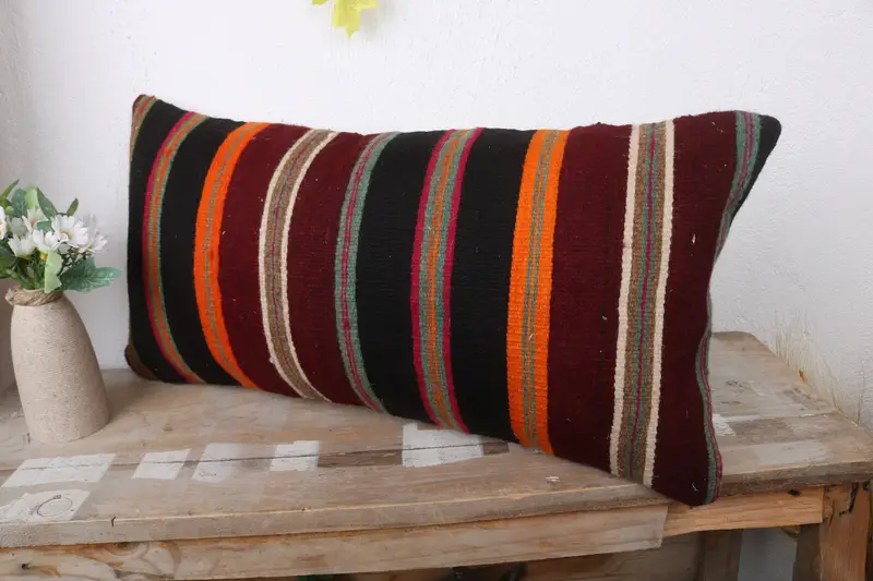 Boho Pillow Sham Cover, Throw Kilim Pillow, Cotton Pillow Sham, Cushion Case, Vintage Kilim Throw Pillow, 12x24 Brown Pillow - 4