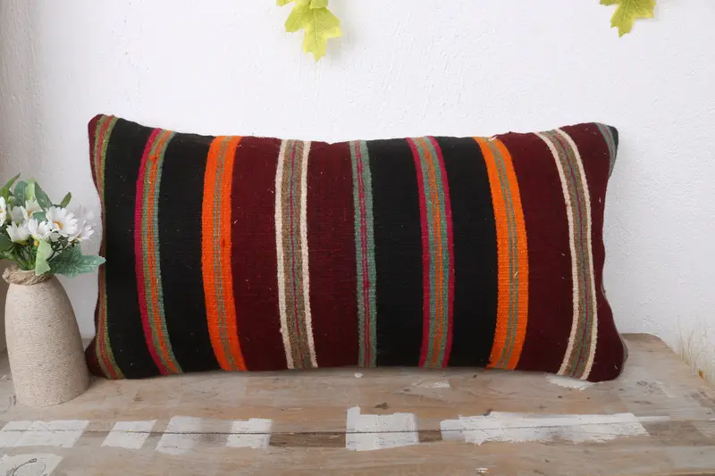 Boho Pillow Sham Cover, Throw Kilim Pillow, Cotton Pillow Sham, Cushion Case, Vintage Kilim Throw Pillow, 12x24 Brown Pillow - 2