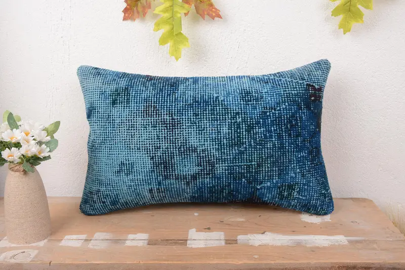 Blue & Brown Southwestern Embroidered Throw Pillow, Handmade Vintage Cushion
