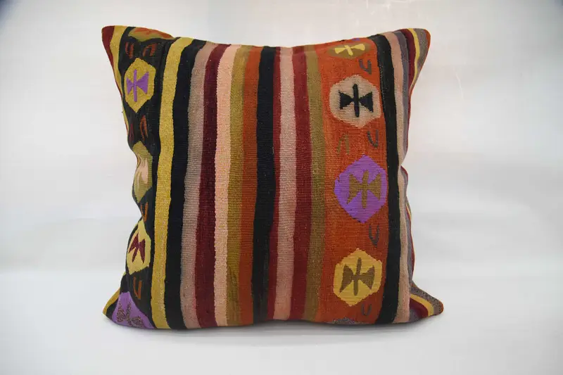 Vintage Antique Orange Pillow Sham, 32x32 inch Geometric Wool Pillow - 1