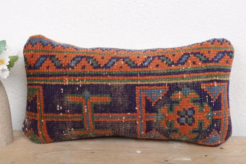 Handmade Rug Seat Cushion Case, Turkish Pillow, Couch Pillow, Home Decor Pillow, 8x16 Blue Pillow Case, Cushion Cover, Interior Designer Pillow - 2