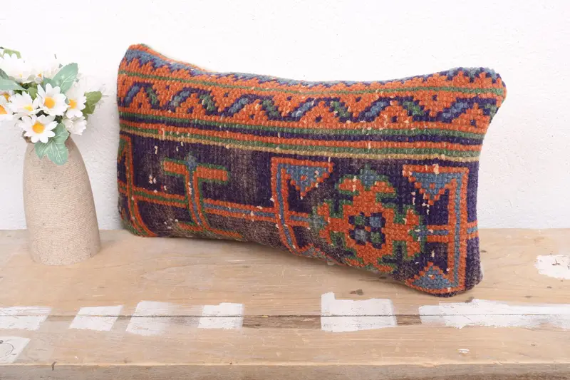 Handmade Rug Seat Cushion Case, Turkish Pillow, Couch Pillow, Home Decor Pillow, 8x16 Blue Pillow Case, Cushion Cover, Interior Designer Pillow - 5