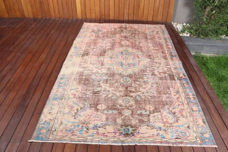 5x8,2 ft Vintage Teppich, Oushak Teppich, braun karierter Teppich aus Wolle - 1