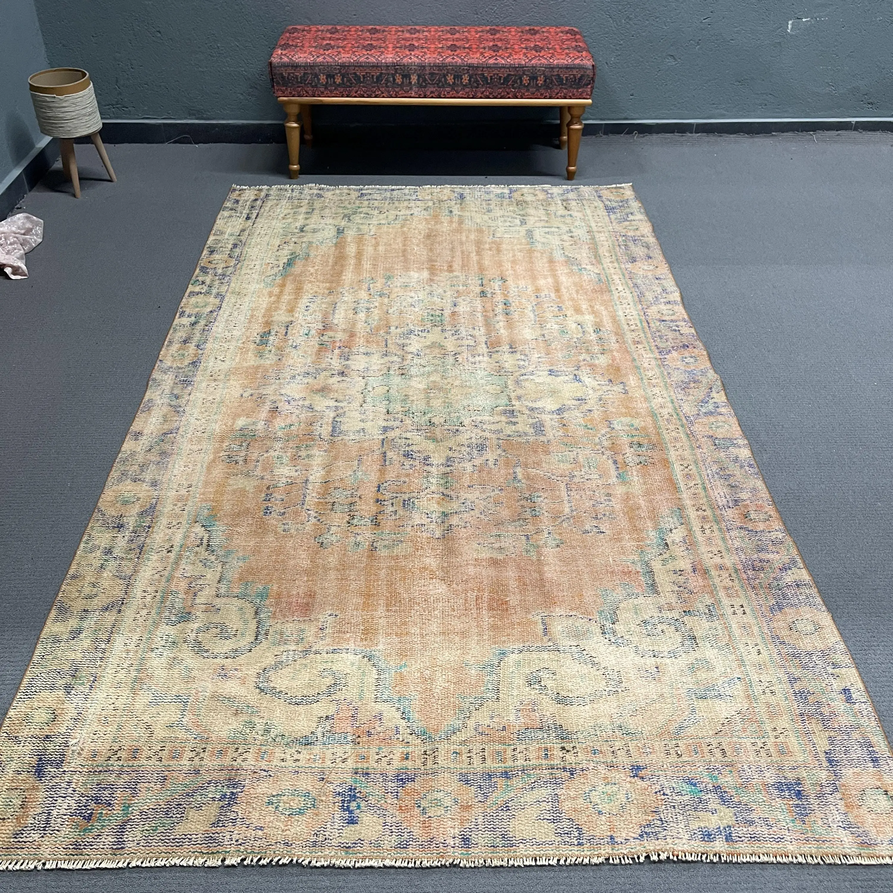 5.2x9 ft Halı, Vintage Türk Halısı, Mavi Çiçekli Halı - 1