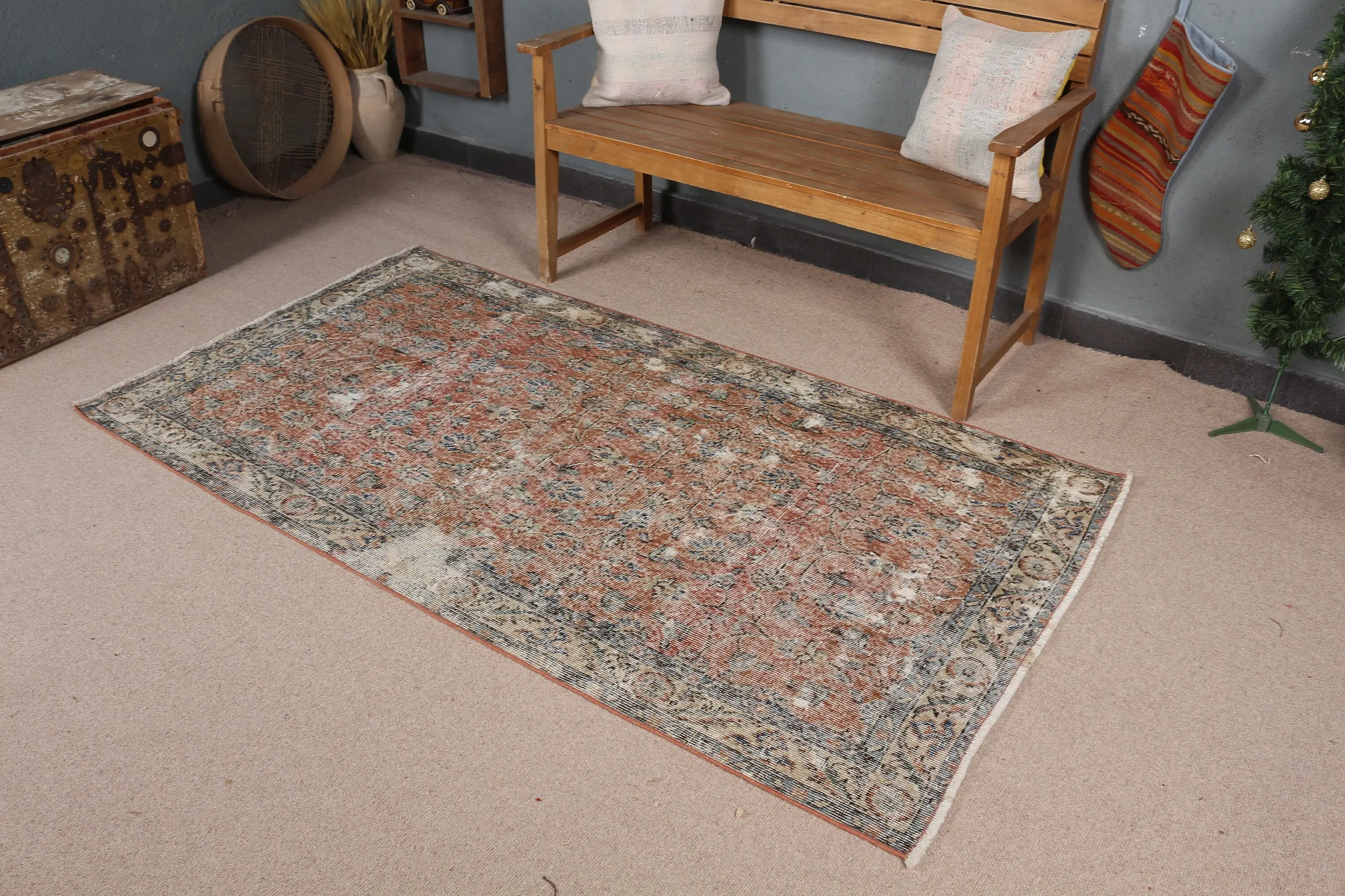 3.7x6.91 ft Rug, Turkish Vintage Rug, Brown Floral Wool Rug - 1