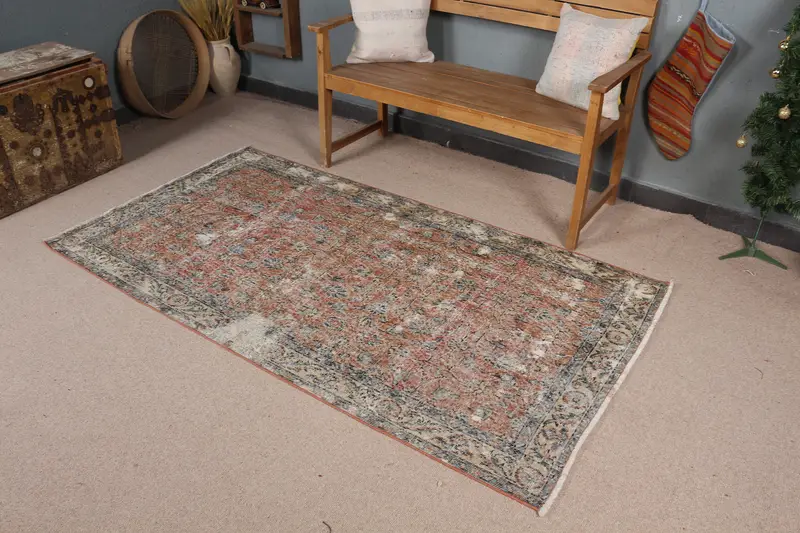 エレガントなブラウン & ブルー ラグ、花柄とペイズリー柄 112x208