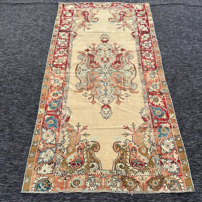 Beige Camouflage Rug, 2.9x6.9 ft with Red Accents