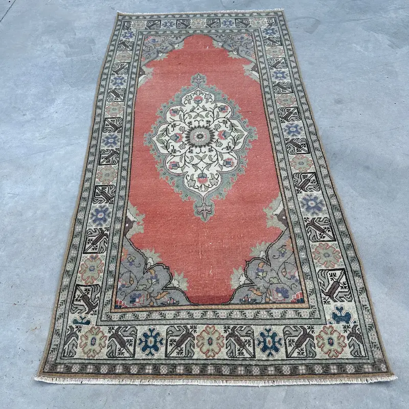 3x6.1 ft Turkish Vintage Rug, Accent Rug, Orange Green Patchwork Wool Rug - 1