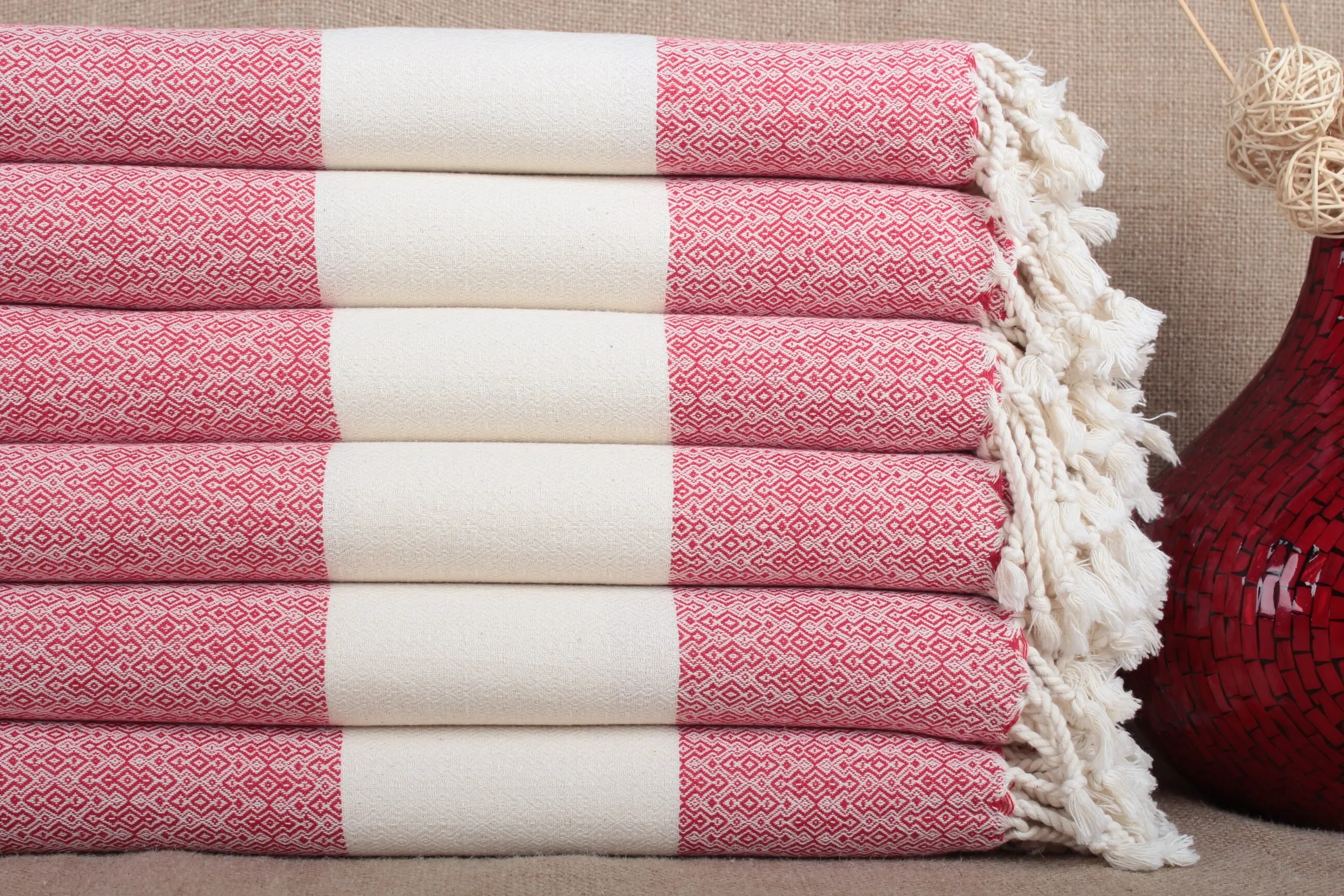 Personalized Turkish Towel Red, Diamond Pattern, Organic Cotton, 36x67 Inches - 1