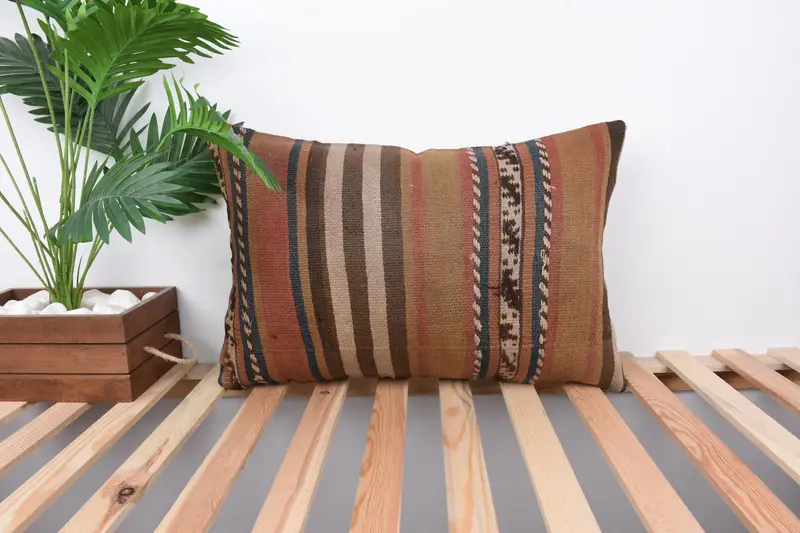 Antique Pillows, Vintage Pillow, Vintage Throw Pillow Cover, Ethnic Pillow Cover, Turkish Kilim Pillow, Pillow, 16x24 Brown Pillow Sham - 1