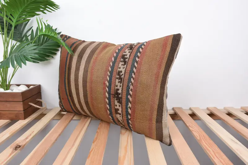 Antique Pillows, Vintage Pillow, Vintage Throw Pillow Cover, Ethnic Pillow Cover, Turkish Kilim Pillow, Pillow, 16x24 Brown Pillow Sham - 5