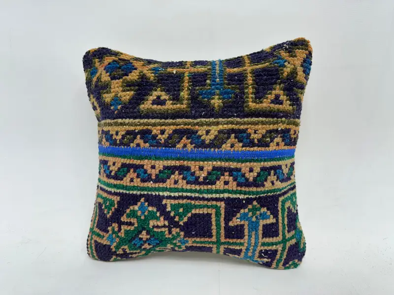 Boho Pillow Sham Cover, Authentic Cushion, 14x14 Blue Cushion Cover, Pattern Throw Cushion Case, Handmade Kilim Cushion, Cushion Case, Kilim Pillow - 1