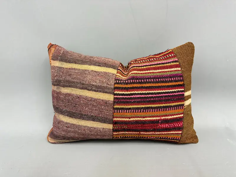 Kahverengi & Mor Çizgili Kırlent, Vintage İşlemeli Kırlent