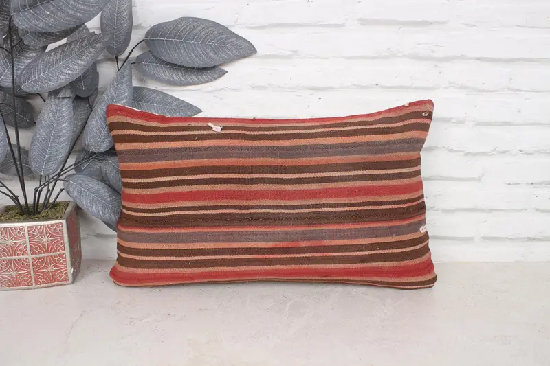 Turkish Pillow, 12x20 Red Pillow Cover, Pillow for Sofa, One Of A Kind Pillow Sham, Cushion Case, Floor Cushion Case, Kilim Pillow Cover - 1
