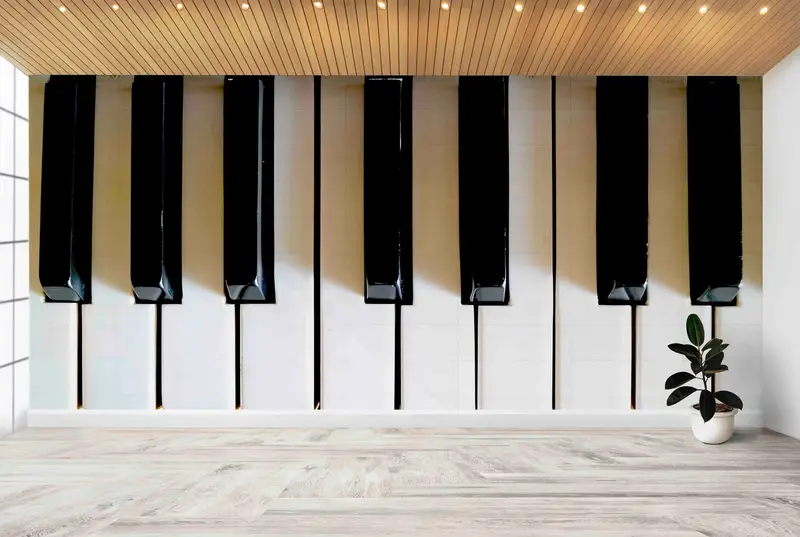Trendy Ofis veya Kız Odası için Zarif Piyano Siyah Beyaz Duvar Kağıdı