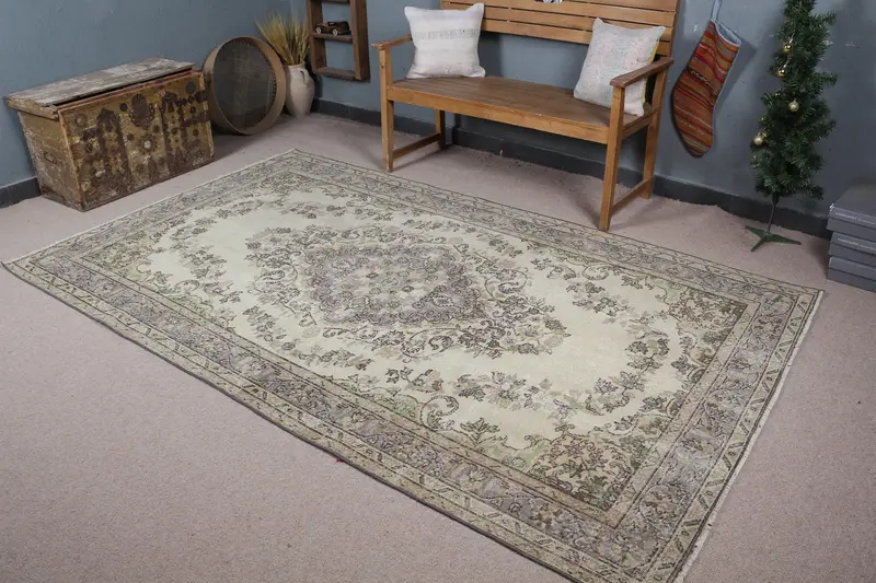 5,4x9,1 ft türkischer Vintage Teppich, großer Teppich, graugrüner Patchwork Wollteppich - 1